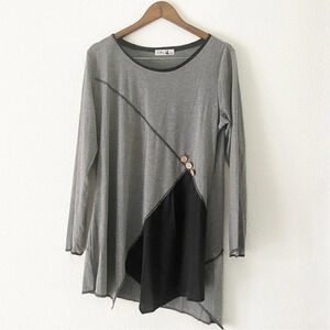 Tapered Tunic Button Detail Long Sleeve Lightweight Size 2XL Gray Black